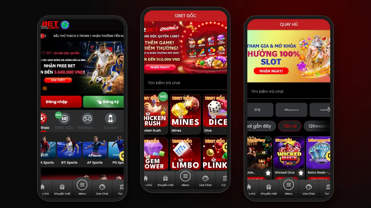 Giao diện 12Bet app - thể thao, casino, slots, esports
