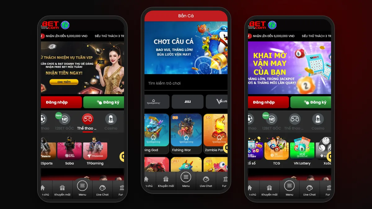 Giao diện 12Bet mobile trên điện thoại - thể thao, casino, slots