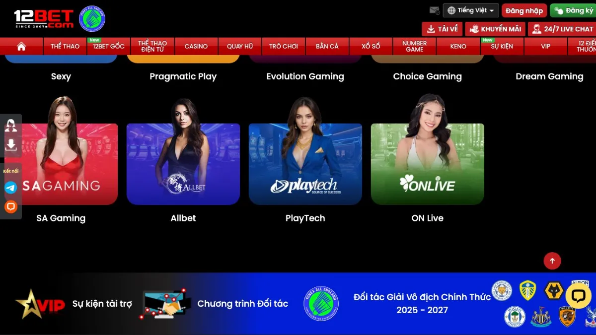 Trò chơi casino 12Bet - Baccarat Roulette Blackjack Sic Bo live dealer